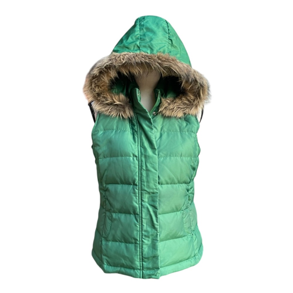 Talbots Petites Green Down Puffer‎ Vest Faux Fur Hood Emerald Womens S Small